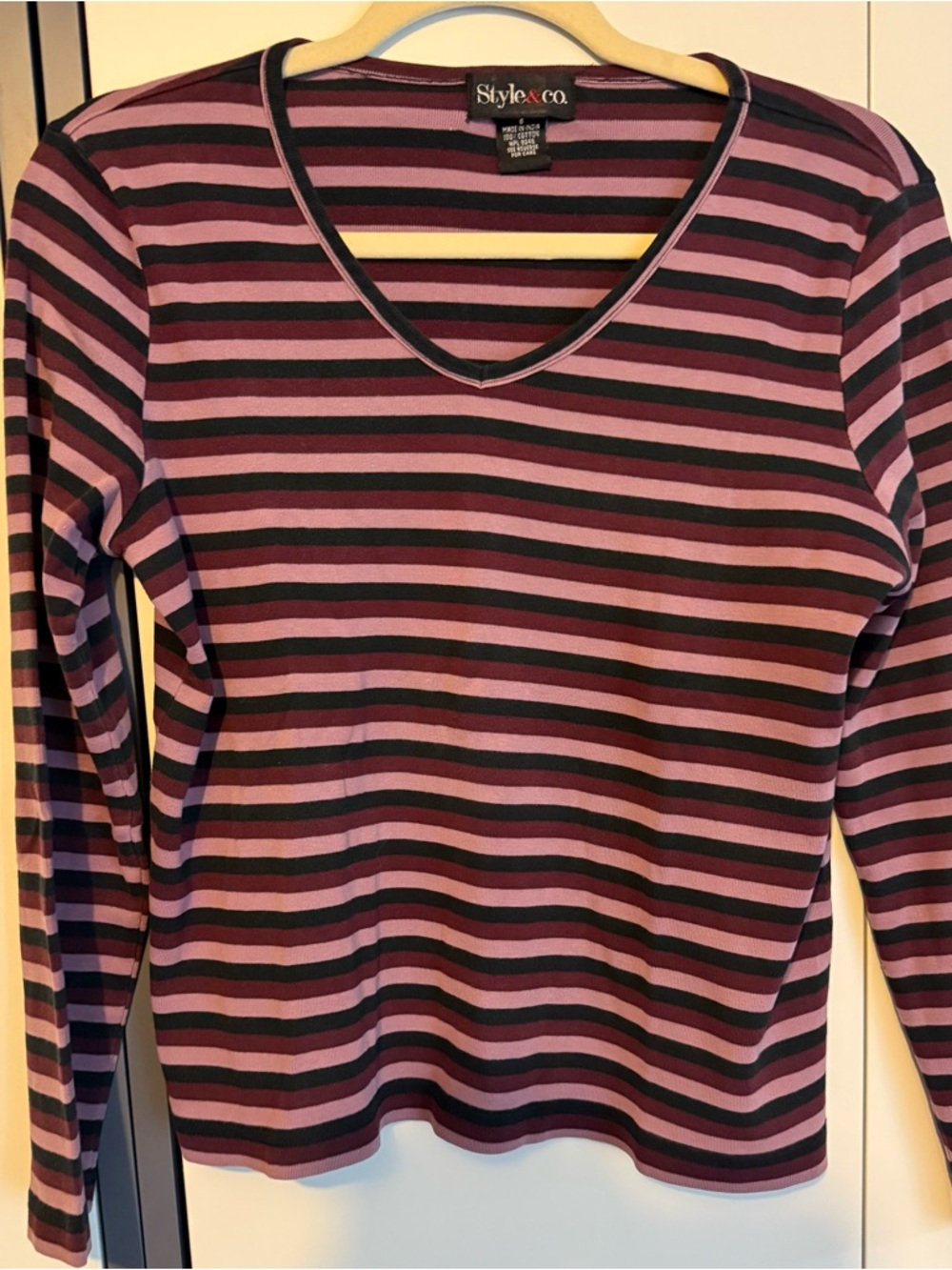 Style & Co. V-Neck Long Sleeve Striped Tee - Plum & Black